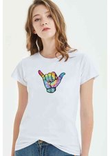 Qivi Watercolor Hang Loose Shaka Kadın Beyaz T-Shirt Xs