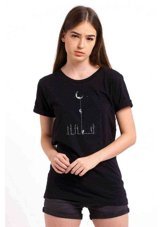 Qivi Aydan Inen Astronot Baskılı Siyah Kadın T-Shirt Siyah M