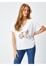 Faik Sönmez Bisiklet Baskılı V Yaka Kısa Kol T-Shirt 68653 S