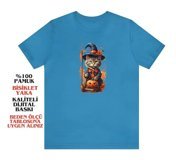 T-Shirt Cin / Cadı Kedi Baskılı Turkuaz Renk T-Shirt 2Xl