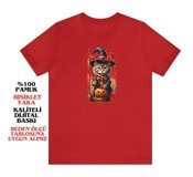T-Shirt Cin / Cadı Kedi Baskılı Kırmızı Renk T-Shirt M
