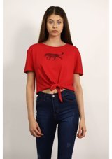 Gabria Kadın Kaplan Baskılı Bel Bağlamalı T-Shirt Kırmızı M
