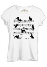 Lord T-Shirt Cats And Notes Beyaz Kadın T-Shirt 001 Beyaz M