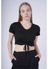 Gabria Kadın V Yaka Ön Büzgülü Mini T-Shirt Siyah M