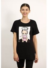 Gabria Kadın Baskılı Yan Yırtmaçlı T-Shirt Siyah (512161948) S