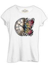 Lord T-Shirt A Vintage Clock And A Colorful Butterfly Beyaz Kadın T-Shirt 001 Beyaz M