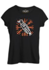 Lord T-Shirt Raven Bird And Viking Sign Background Siyah Kadın T-Shirt 001 Siyah L