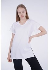 Gabria Kadın V Yaka Yan Yırtmaçlı T-Shirt Beyaz (505627237) S