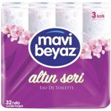 Mavi Beyaz Altın Seri 3 Katlı Kokulu Renkli 32'li Rulo Tuvalet Kağıdı