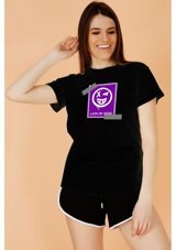 Masorte Emoji Baskılı Loose Kalıp T-Shirt Siyah M