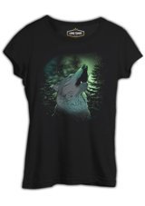 Lord T-Shirt Wolf Howling İn A Green Light Forest Siyah Kadın T-Shirt 001 Siyah M