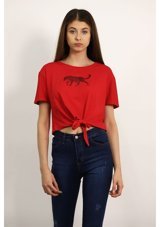 Gabria Kadın Kaplan Baskılı Bel Bağlamalı T-Shirt Kırmızı L