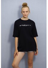 Gabria Kadın Kol Katlı Basklı T-Shirt Siyah M