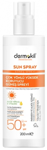 Dermokil Sun Spray Renksiz 50 Faktör Tüm Ciltler İçin Mineral Filtreli Yağsız Suya Dayanıklı Vücut Güneş Kremi 200 ml