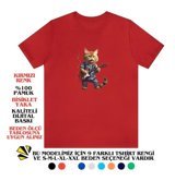 T-Shirt Cin / Gitarlı Kedi Baskılı Kırmızı Renk T-Shirt M