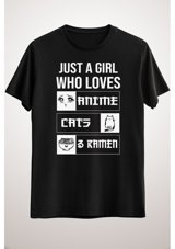 Green Mint Greenmint Unisex Siyah T-Shirt Just A Girl Who Loves Anime Cats And Ramen L