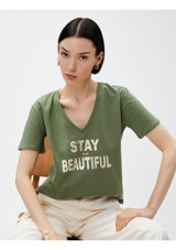 Koton Yazı Baskılı T-Shirt V Yaka Pamuklu Haki 3Sak50236Ek 3Sak50236Ek871 3Xl