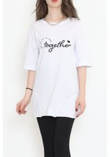 Tozlu Yaka Yan Yırtmaçlı Baskılı T-Shirt Beyaz 16559.1567. 001 Beyaz S
