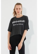 Polo State Kadın Baskılı Oversize T-Shirt Antrasit S