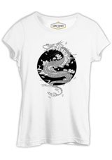 Lord T-Shirt Dragon With Moon And Flowers Beyaz Kadın T-Shirt 001 Beyaz Xl