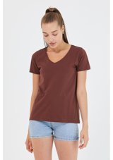 Polo State Kadın %100 Pamuk V Yaka Regular Kalıp T-Shirt Kahverengi Xs