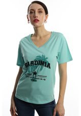 Polo State Kadın Sardinia Baskılı V Yaka T-Shirt Turkuaz L