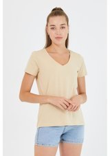 Polo State Kadın %100 Pamuk V Yaka Regular Kalıp T-Shirt Bej M