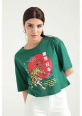 Modaplaza Kadın Tiger Baskılı Salaş T-Shirt 20582 Koyu Yeşil S