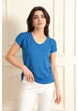 Modaplaza Kadın V Yaka Yırtmaçlı T-Shirt 2000 Saks Mavi K21Mtrkvz2000Bdysaks Mavi Xl