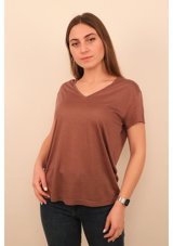 Rich Kadın V Yaka T-Shirt %100 Pamuk T-Shirt Kahve M