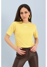 Serdem T-Shirt Crop Bisiklet Yaka Off Yazılı Sarı 001 Sarı L