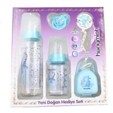 Hanymish Polipropilen Yenidoğan Kulpsuz 0+ Ay Desenli Mavi Yuvarlak Uçlu Bebek Biberon Seti 125 ml + 240 ml