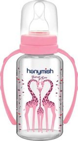 Hanymish 403 Cam Gaz Yapmayan Antikolik Yenidoğan Kulplu 0+ Ay Desenli Pembe Yuvarlak Uçlu Bebek Biberon 125 ml