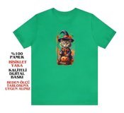 T-Shirt Cin / Cadı Kedi Baskılı Yeşil Renk T-Shirt 2Xl