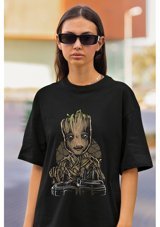 Fuddy Moda Groot Baskılı T-Shirt, Unisex Marvel Groot Baskılı T-Shirt 001 Siyah M