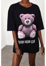 Xhan Kadın Siyah Teddy Bear Baskılı Salaş T-Shirt 2Kxk1 45433 02 Siyah S
