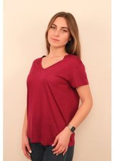 Rich Kadın V Yaka T-Shirt %100 Pamuk T-Shirt Fuşya S