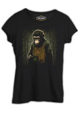 Lord T-Shirt Monkey İn Front Of The Binary Background Siyah Kadın T-Shirt 001 Siyah M