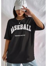 Uyguntarz Unisex Baseball Baskılı Oversize T-Shirt Siyah 2Xl