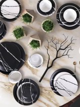 Keramika Siyah Beyaz Mermer 24 Parça 6 Kişilik Desenli Seramik Yuvarlak Yemek Takımı