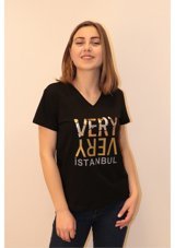 Rich Kadın V Yaka T-Shirt %100 Pamuk T-Shirt Siyah (481347904) L