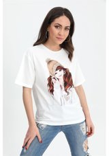 Serdem T-Shirt Kız Baskılı Taş İşlemeli Bej 001 Bej M