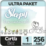 Sleepy Bio Natural Yenidoğan 1 Numara Organik Cırtlı Bebek Bezi 256 Adet