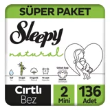 Sleepy Natural Mini Süper Paket 2 Numara Organik Göbek Oyuntulu Cırtlı Bebek Bezi 136 Adet