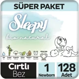 Sleepy Bio Natural Yenidoğan 1 Numara Organik Göbek Oyuntulu Cırtlı Bebek Bezi 128 Adet