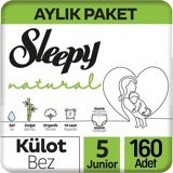 Sleepy Natural Aylık Paket 5 Numara Organik Külot Bebek Bezi 160 Adet