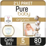 Pure Baby Pamuklu 5 Numara Organik Cırtlı Bebek Bezi 80 Adet