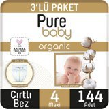 Pure Baby Pamuklu 4 Numara Organik Cırtlı Bebek Bezi 144 Adet