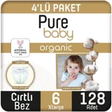 Pure Baby Pamuklu 6 Numara Organik Cırtlı Bebek Bezi 128 Adet