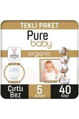 Pure Baby Pamuklu 5 Numara Organik Cırtlı Bebek Bezi 40 Adet